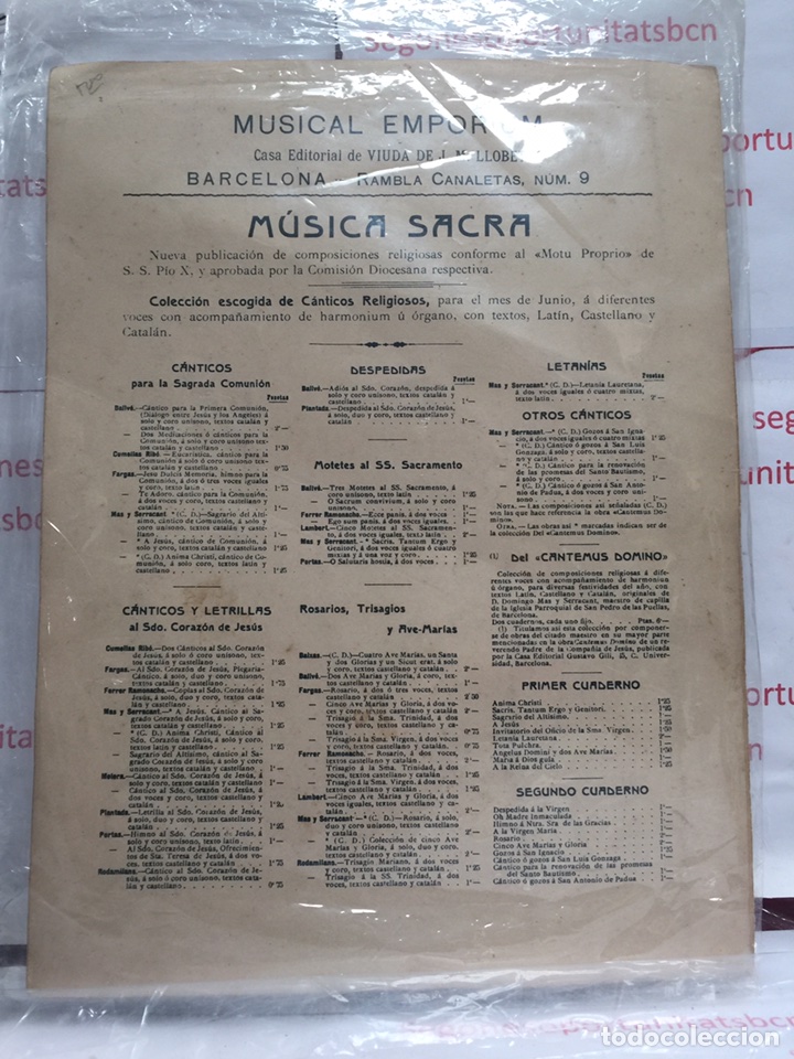 2 PARTITURA - MÚSICA SACRA - CRISAGIO SERÁFICO - CASTELLANO Y CATALÁN - EDITORIAL VIUDA DE J.M. LLOBET